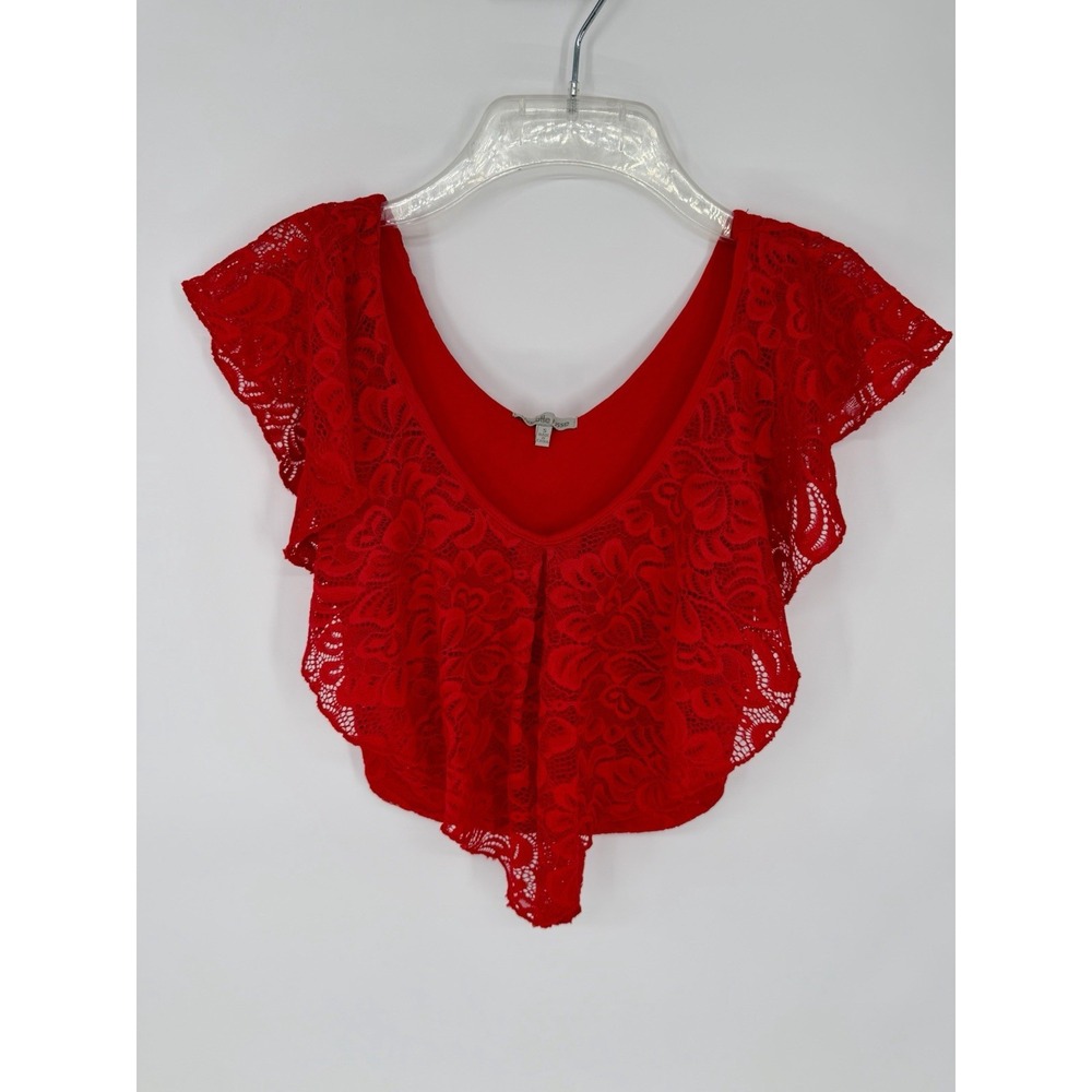 Charlotte Russe Red Floral Lace Ruffle Scoop Neck Boho Blouse Crop Top Size S